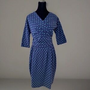 J Peterman Dress Sz 10 Faux Wrap Zip Back Ruching Blue Polka Dots V Neck Party